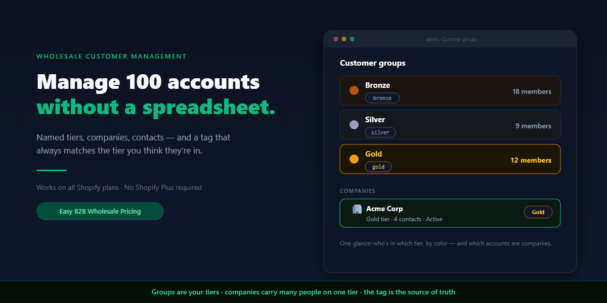 Shopify wholesale customer management admin view with Bronze, Silver, Gold tier groups and a company account