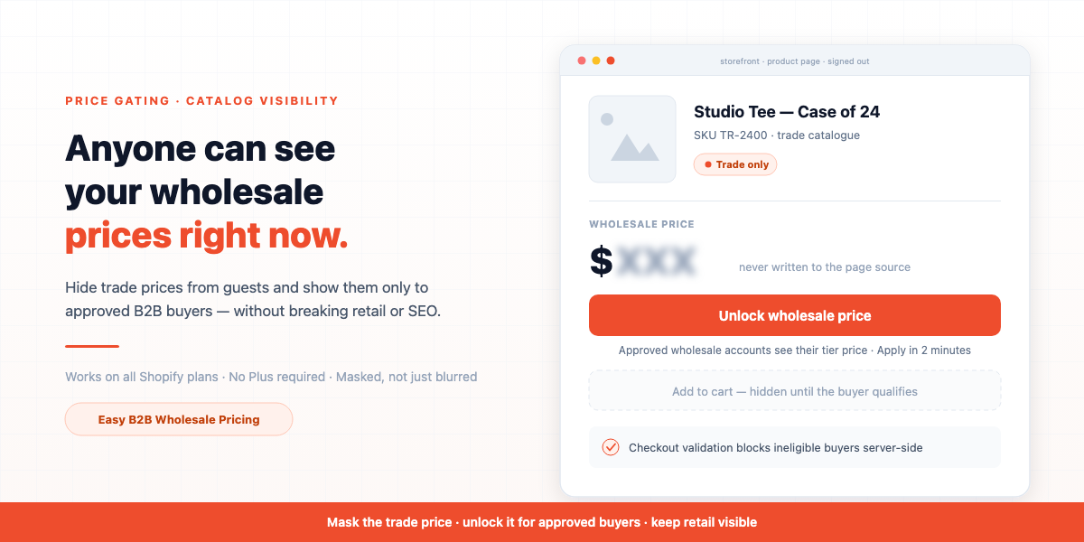 Shopify hide price until login: a masked wholesale price and an Unlock wholesale price button shown to a signed-out visitor